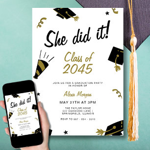 She Did It Graduation Party Modern Black and Gold Invitation