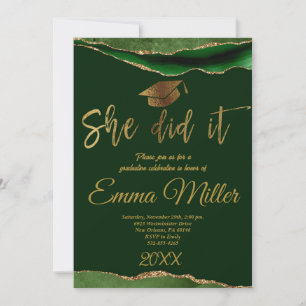 She Did It - Green And Gold Graduation Party Invitation