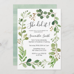 She did it Greenery Graduation Invitation