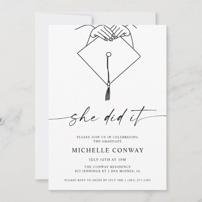 She Did It Hat and Tassel Graduation Party Invitation (Front)