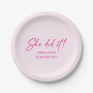 She did it minimal cute pink Graduation Paper Plate