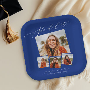 She Did It Minimalist Photo Grad Party Paper Plate