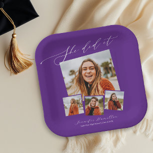 She Did It Minimalist Photo Grad Party Paper Plate