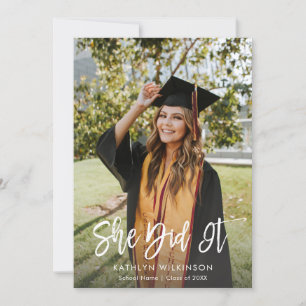 She Did It Modern Calligraphy Photo Graduation Announcement