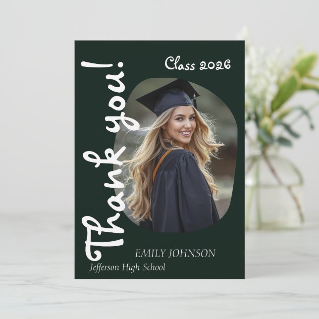 She Did It! Modern Photo Graduation Thank You Card (Standing Front)