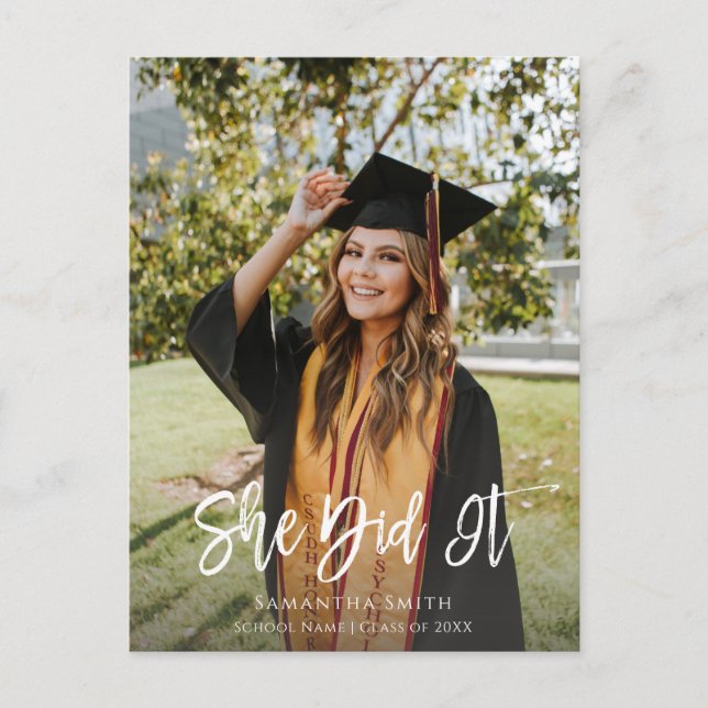 She Did It Modern Script Girl Photo Graduation Invitation Postcard (Front)