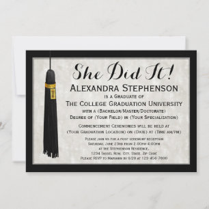 She Did It Modern Womens Tassel College Graduation Invitation