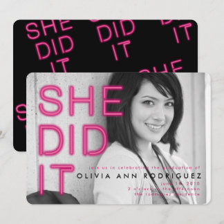 She Did It Neon Light Graduation Party Invitation
