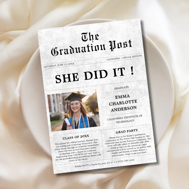 She Did It | Old Style Graduation Newspaper Photo  Invitation (Creator Uploaded)