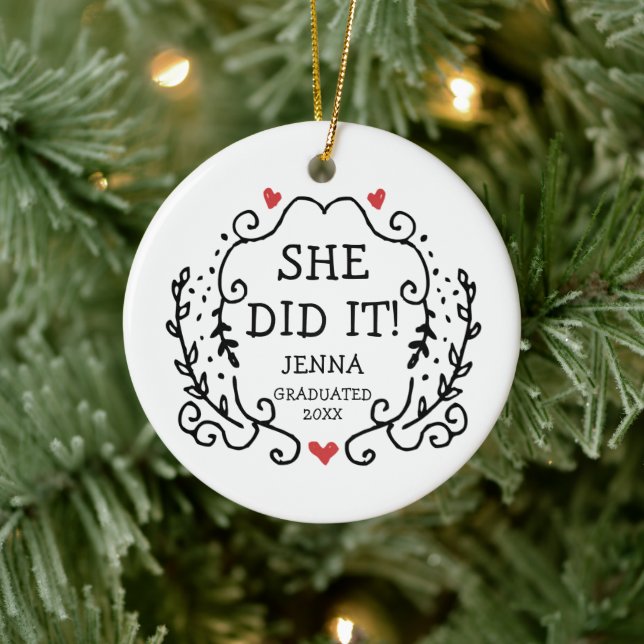 She Did It Personalised Modern Wreath Graduation Ceramic Ornament (Tree)