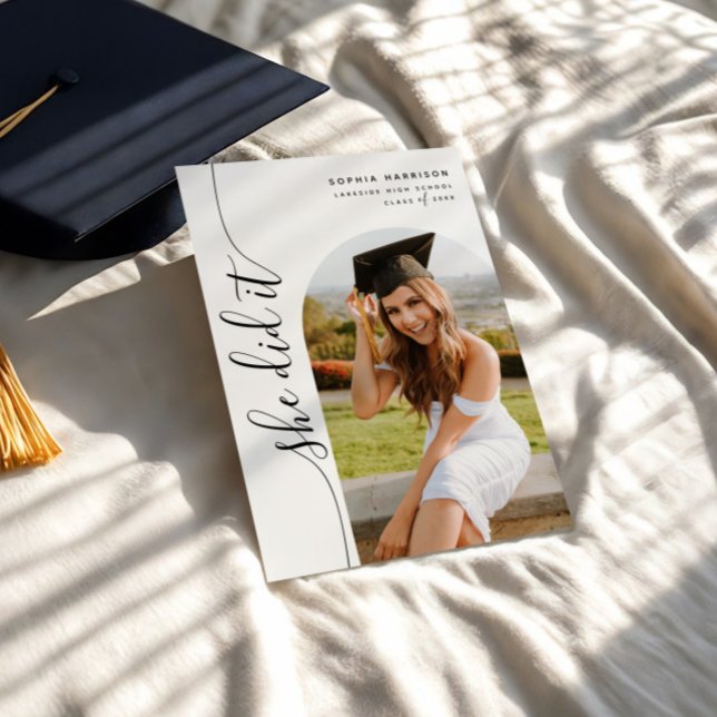She Did It Photo Arch Vertical Script Graduation Invitation (Creator Uploaded)