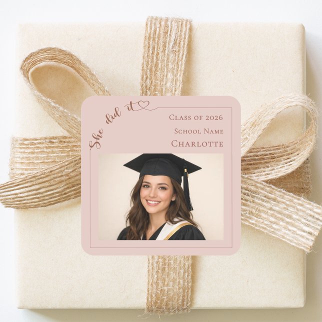 She Did It photo blush pink Graduation Party Square Sticker (Creator Uploaded)