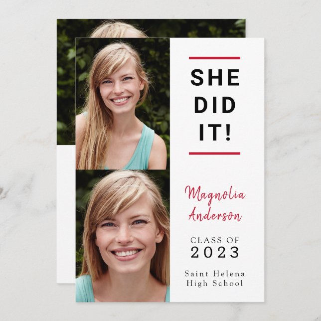 She Did It Photo Graduation Announcement (Front/Back)