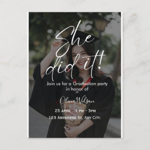 She Did It Script Fully Editable Graduation Invitation Postcard