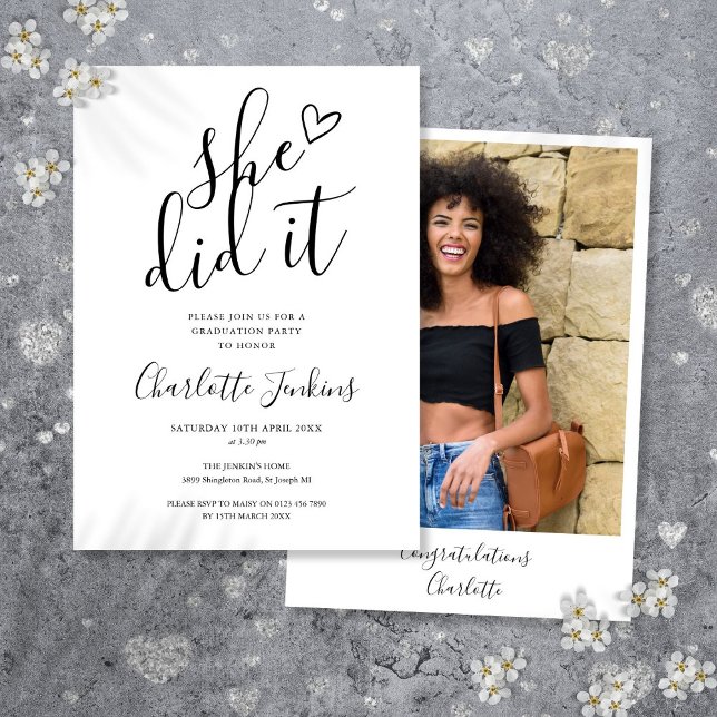 She Did It Script Heart Photo Graduation Party Invitation (She Did It Script Heart Photo Graduation Party Invitation)