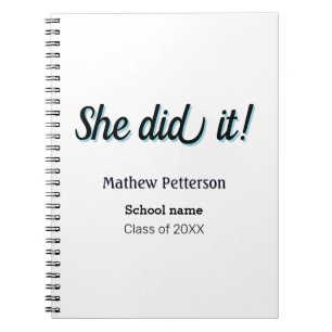She did it simple black classy modern graduation notebook