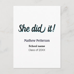 She did it simple black classy modern graduation postcard