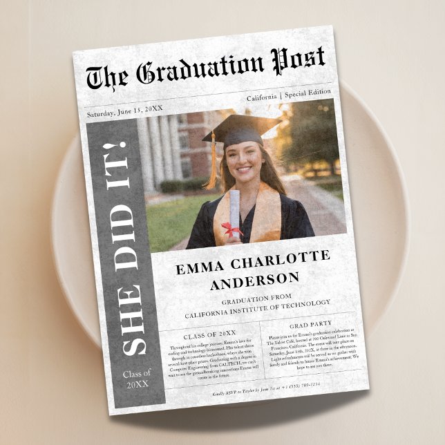 She Did It | Simple Graduation Newspaper Photo Invitation (Creator Uploaded)