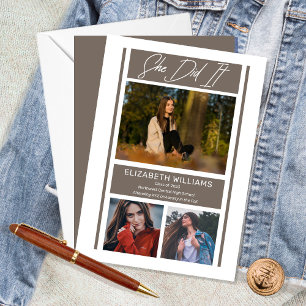 She Did It Simple Minimalist Greige Graduation Announcement