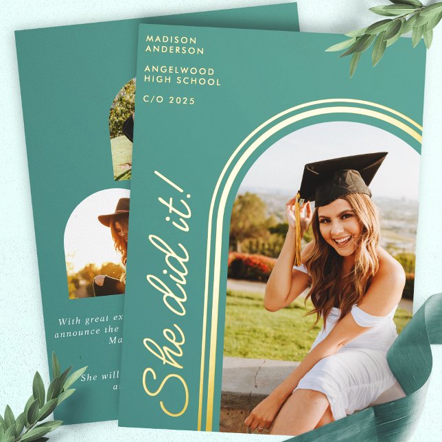 She Did It Teal Modern Arch Photo Graduation (Creator Uploaded)