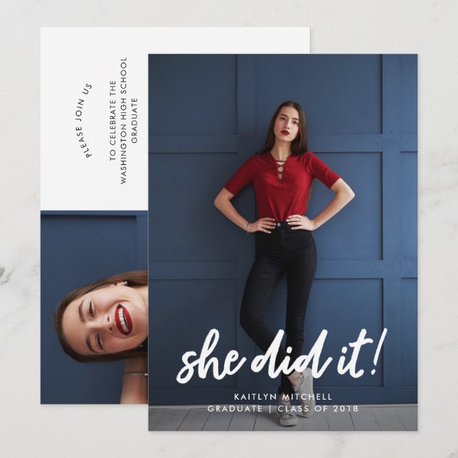 She Did It | Two Photo Graduation Party Invitation (Front/Back)