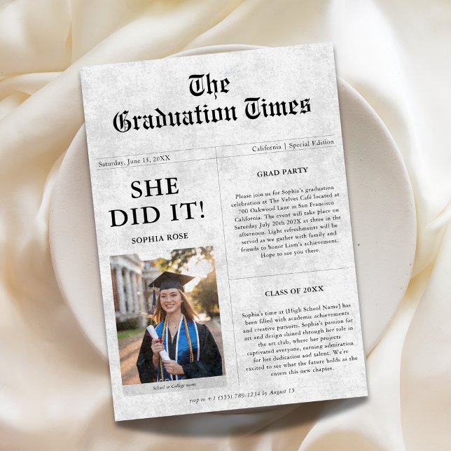 She Did It | Unique Newspaper Graduation Photo Invitation (Creator Uploaded)