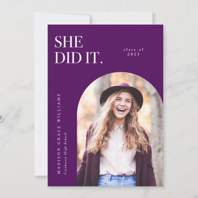 She Did It Violet Arch Graduation Announcement (Front)