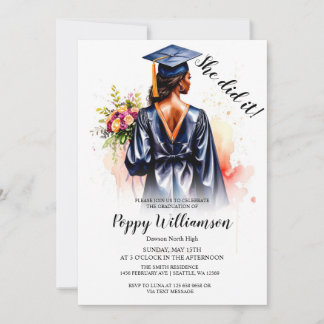 She Did It Watercolor Graduation  Invitation