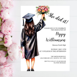 She Did It Watercolor Graduation Invitation