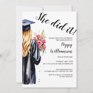 She Did It Watercolor Graduation Invitation