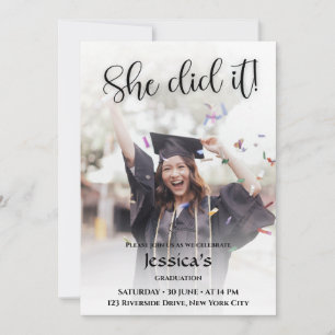 She Did It! White Gradient Photo Graduation  Invitation