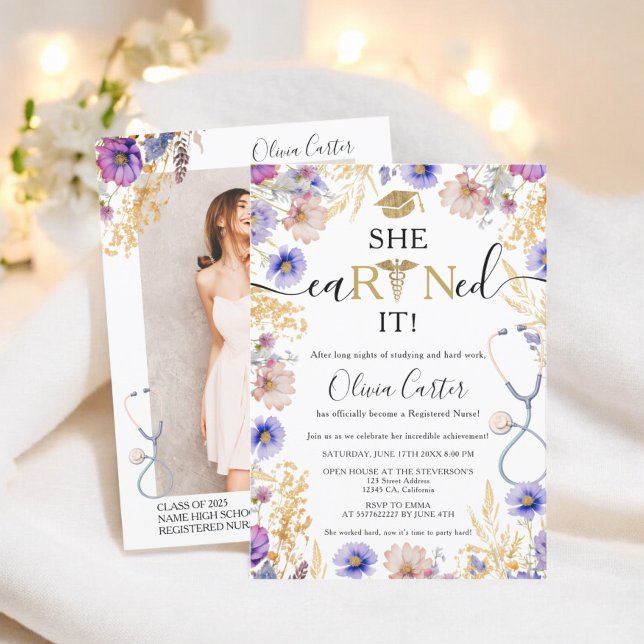 She Earned It Wildflower Gold RN Graduation Party Invitation (She Earned It Wildflower Gold RN Graduation Party Invitation)