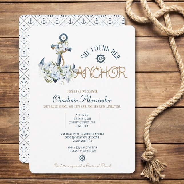 She Found Her Anchor Nautical Bridal Shower Invite (Sail into love with this floral anchor bridal shower invitation.)