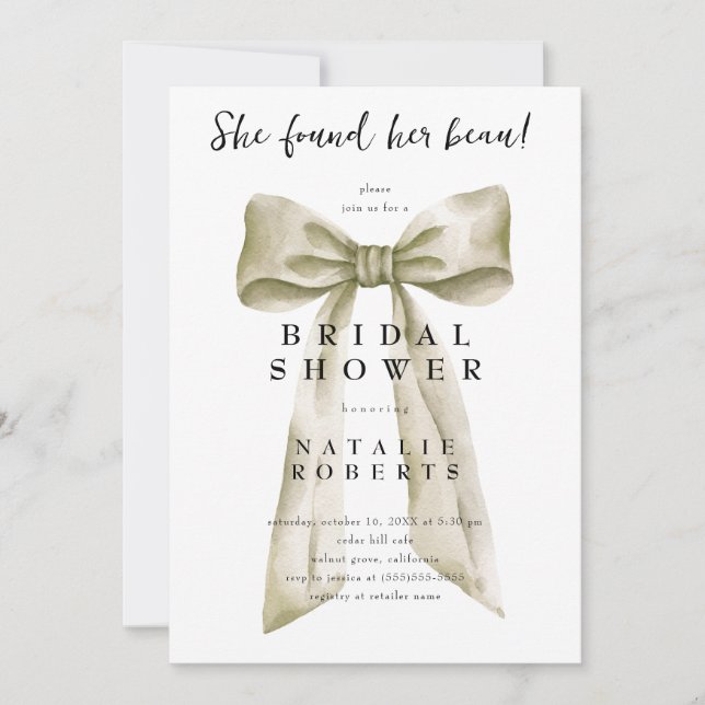 She Found Her Beau Beige Bow Bridal Shower Invitation (Front)