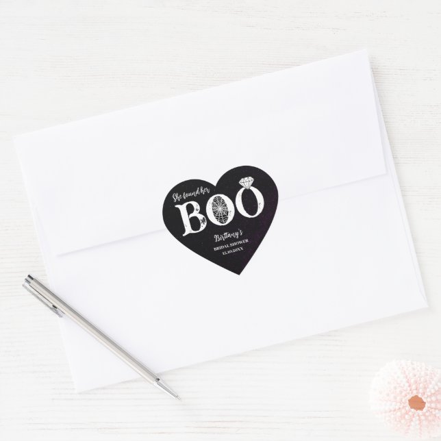 She Found Her Boo Black Halloween Bridal Shower Heart Sticker (Envelope)