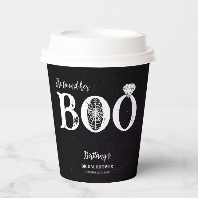 She Found Her Boo Black Halloween Bridal Shower Paper Cups (Front)