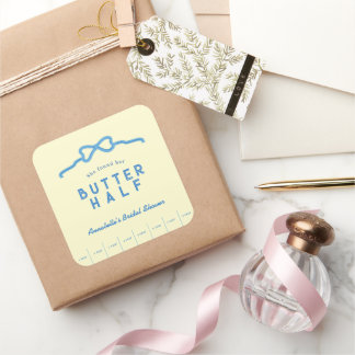 She found her Butter Half Blue Bow Bridal Shower Square Sticker