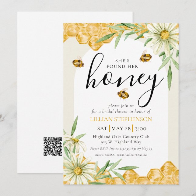 She Found Her Honey Arch Bee Bridal Shower QR Code Invitation (Front/Back)