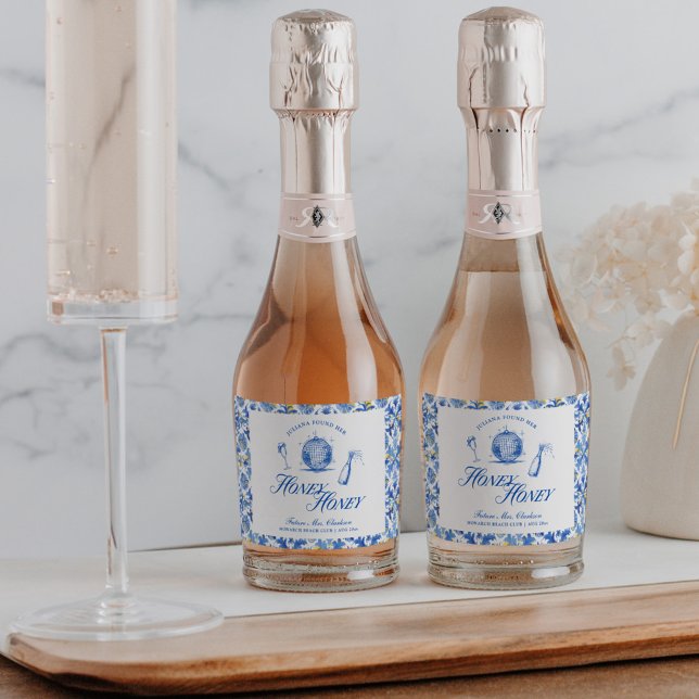 She Found Her Honey Honey Blue Greece Bachelorette Sparkling Wine Label (Creator Uploaded)
