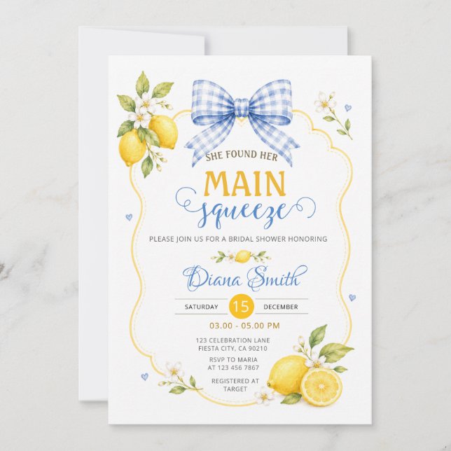 She Found Her Main Squeeze Blue Bow Bridal Shower  Invitation (Front)