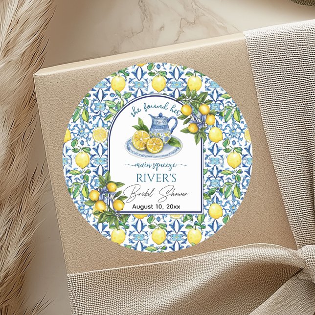 She Found Her Main Squeeze Bridal Shower Classic Round Sticker (Creator Uploaded)