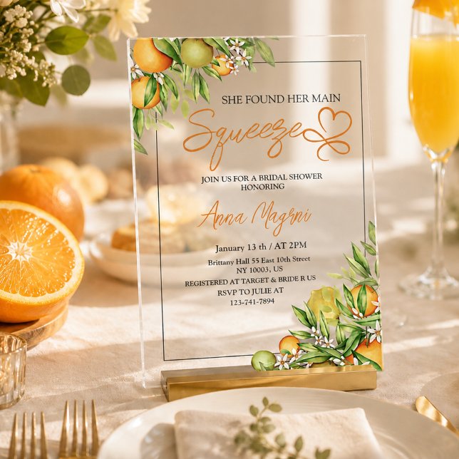 She Found Her Main Squeeze Bridal Shower Custom Acrylic Invitations (she found her main squeeze bridal shower invitations mediterranean bright lemon summer)