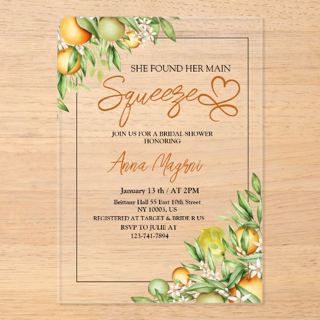 She Found Her Main Squeeze Bridal Shower Custom Acrylic Invitations (Front)