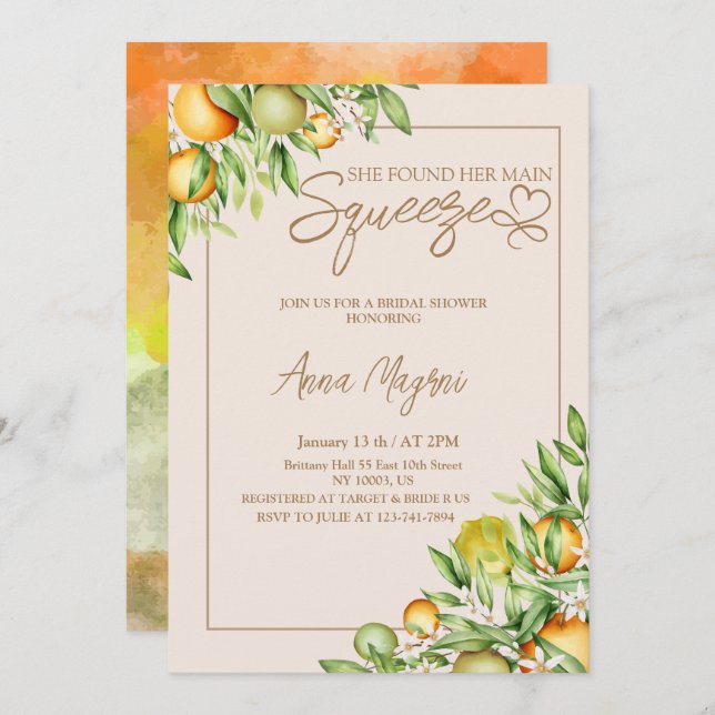 She Found Her Main Squeeze Bridal Shower Custom Invitation (Front/Back)