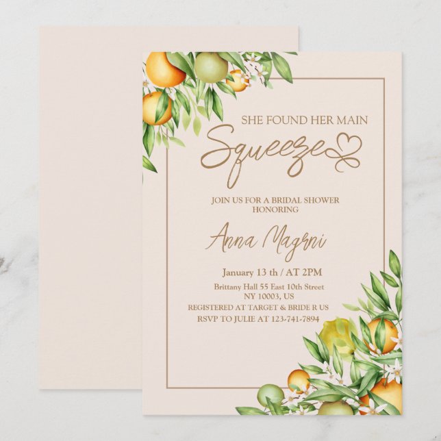 She Found Her Main Squeeze Bridal Shower Custom Invitation (Front/Back)