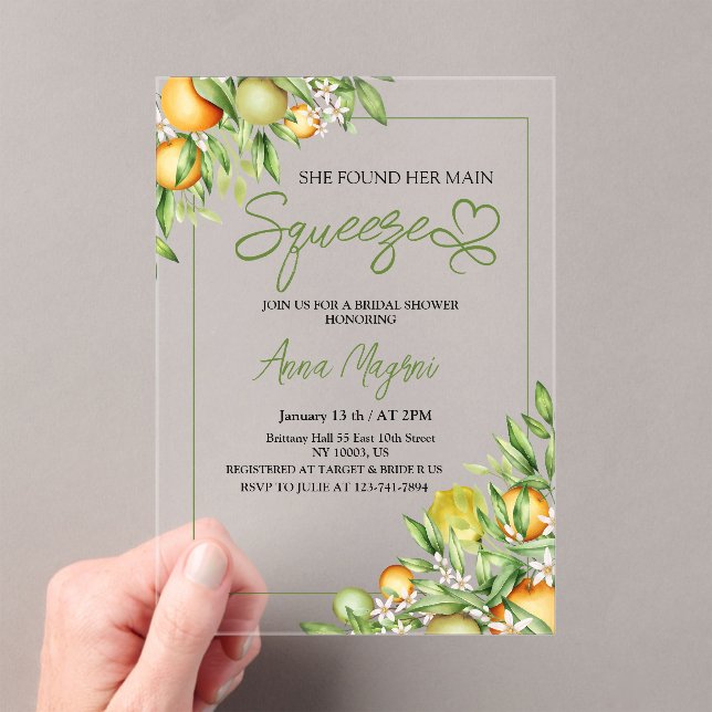 She Found Her Main Squeeze Bridal Shower Greenery Acrylic Invitations (Insitu (Handheld))