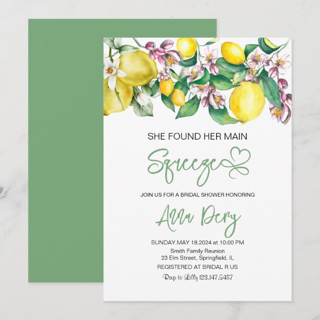 She Found Her Main Squeeze Bridal Shower Greenery Invitation (Front/Back)