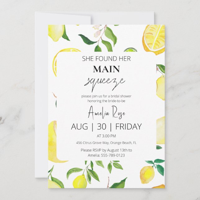 she found her main squeeze bridal shower invitation (Front)