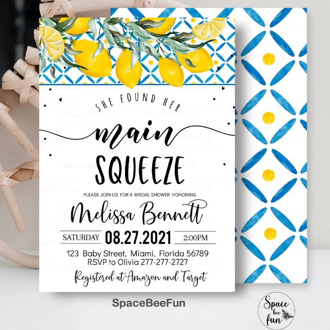 She Found Her Main Squeeze Bridal Shower Invite (She Found Her,Main Squeeze Bridal Shower,Invitation,Mediterranean,Lemon Blue Azulejo,Tiles Lemon,Bri)