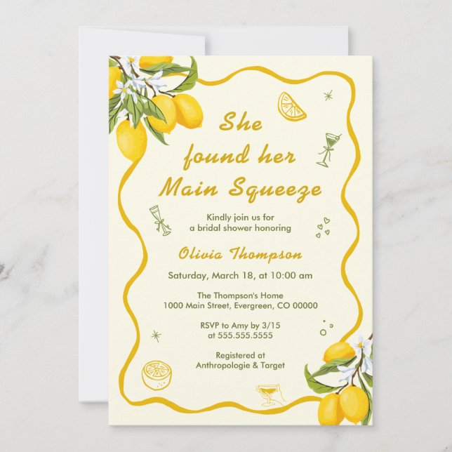 She Found Her Main Squeeze Bridal Shower Lemon  Invitation (Front)